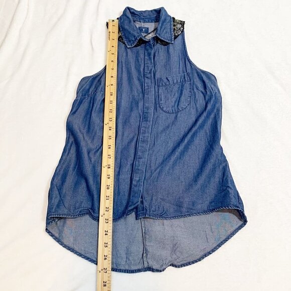 Guess angel wing beaded lace collared chambray button down shirt top blouse - Picture 8 of 8